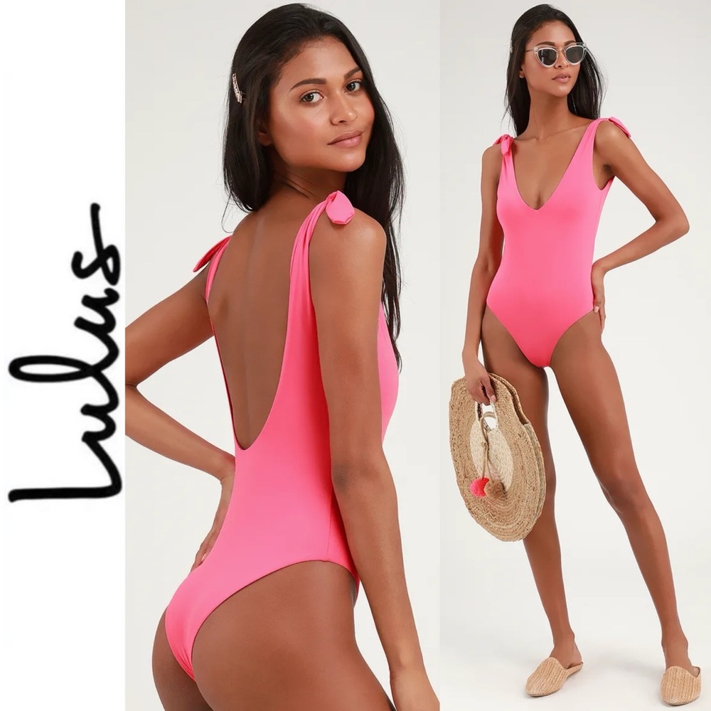 Lulus Surf's Up Bright Pink Tie-Strap One Piece Swimsuit